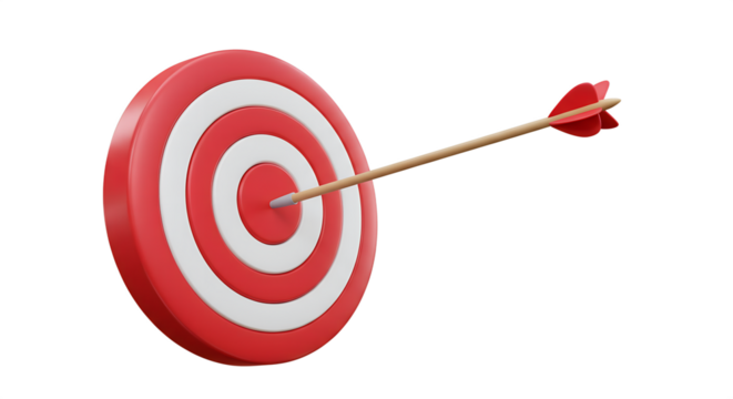A red and white dartboard/ target with a single arrow hitting the center, 3D rendered, glossy, isolated on a transparent background.