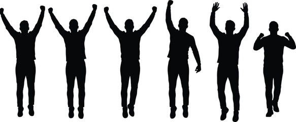 Silhouettes of jumping people, celebrating success, dynamic raised arms, joyful movement, isolated on white, energetic pose, happiness, positive motivation