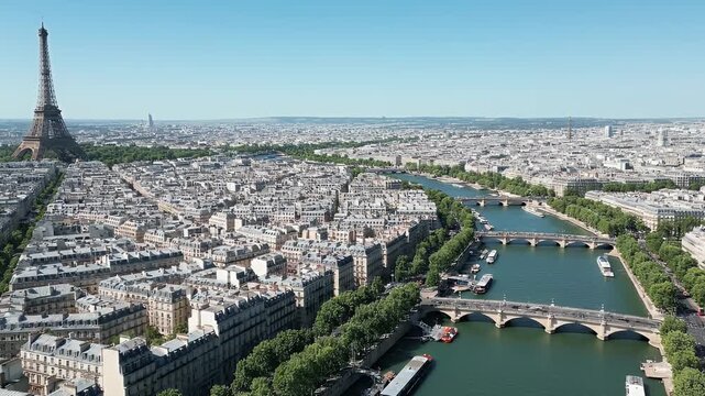 Aerial View of Paris Cityscape with Eiffel Tower and Seine River Iconic French Capital Urban Landscape and Historical Architecture on a Sunny Day