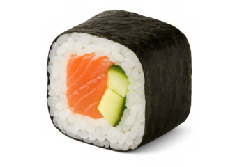 Close-up of maki sushi roll with salmon, cucumber, rice, and nori seaweed, isolated on a transparent background