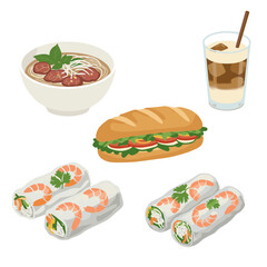 Assortment of vietnamese cuisine: pho, banh mi, spring rolls, and iced coffee on transparent background