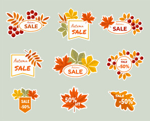 Autumn labels at sales. Design of discount badges and labels for autumn sales and big offers. Sale autumn, discount banner