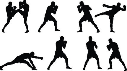 Silhouettes of martial artists in action, boxing and kickboxing moves, dynamic combat poses, fitness training, vector illustration, isolated style