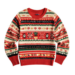 Cozy festive sweater featuring holiday patterns in red, green, and cream colors for winter activities