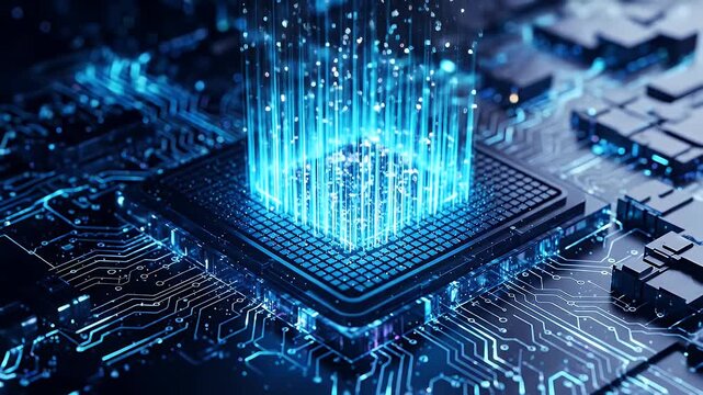 High-tech computer processor on a circuit board, illuminated with glowing blue lines.
