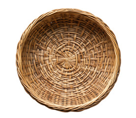 A textured overhead shot of a woven wicker basket against a transparent background