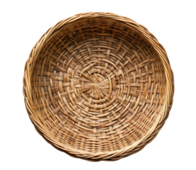 A textured overhead shot of a woven wicker basket against a transparent background