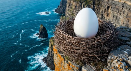 Giant Bird Egg in a Nest on a Cliff Edge, Humorous Nature Image