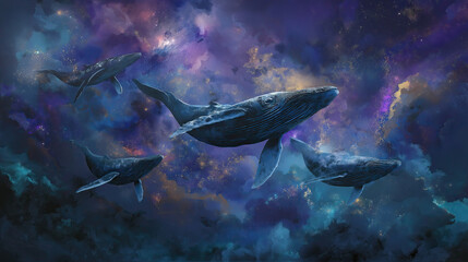 Celestial whales swimming through a galaxy sky, magical realism