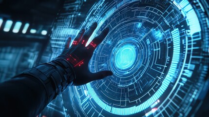 A hand interacting with a glowing blue circular futuristic interface in a dark environment scene