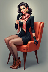 Pin-up Style Woman Glamorous Posing Elegantly On Orange Chair Retro Fashion Concept