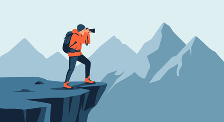 Adventurous Photographer Capturing Mountain Scenery From Cliffside Vantage Point