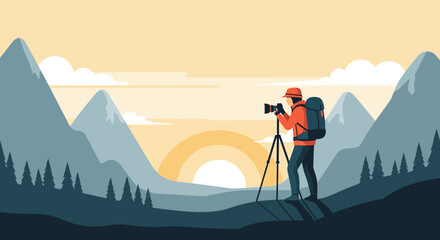 Fototapeta premium Adventurous Photographer Capturing Sunset View Of Mountainous Landscape Illustration