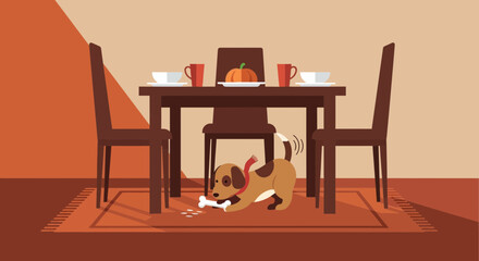Animated Fall Scene With Dog And Pumpkin On Table Illustration Concept