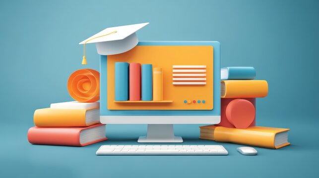 Colorful illustration of a computer with books, symbolizing online learning and knowledge.