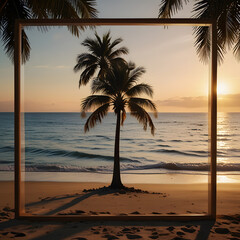 Framed Tropical Beach Sunset with Palm Tree