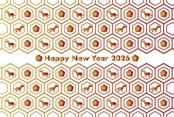 お正月と馬アイコンの2026年午年年賀状（亀甲模様）