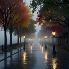 Misty autumn street with glowing gas lamps and wet pavement