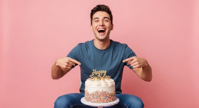 A joyful man celebrating his birthday with a delicious decorated cake.