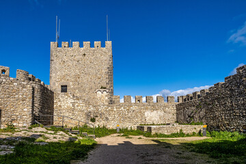 Moorish Sesimbra castle with walls and wall walk in Sesimbra, Portugal
