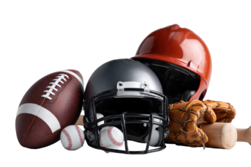 Sports equipment collection, including helmets, balls, and bat