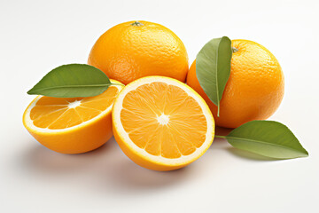 Fototapeta premium Two ripe oranges with sliced piece and leaves