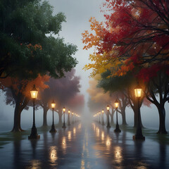 Rainy autumn evening path lined with glowing lanterns and colorful trees