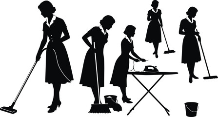 Obraz premium Silhouettes of women doing household chores, ironing, vacuuming, sweeping, retro style, domestic work, home cleaning, black graphic, white background