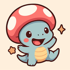 Delighted cartoon dino sports mushroom cap