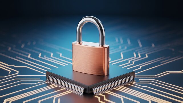 A padlock sits atop a microchip, symbolizing cybersecurity and digital data protection on a circuit board.