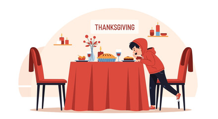 Awaiting Thanksgiving Feast With Anticipation A Cartoon Illustration Style