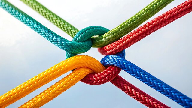 Colorful ropes tied in strong knot for teamwork and unity concept
