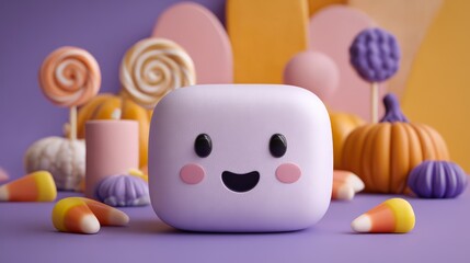 Cute smiling character with colorful candy and decorations in a vibrant setting.