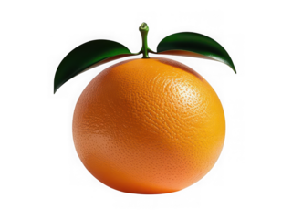 A single perfectly ripe orange with two green leaves attached to its stem isolated on a stark black background showcasing its vibrant color and texture