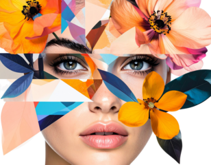  Modern Abstract Floral Face Collage with Bold Cut-Out Shapes and Line Art, PNG Element Set