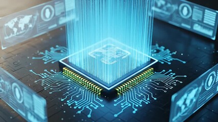A glowing central processing unit with data streams and digital displays, representing technology. - Powered by Adobe