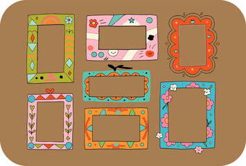 A collection of six whimsical and colorful hand drawn photo frames with unique patterns and designs on a brown background