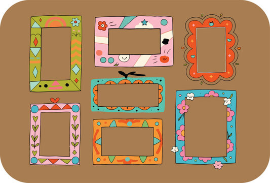 A collection of six whimsical and colorful hand drawn photo frames with unique patterns and designs on a brown background
