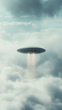 Unexplained flying saucer hovering above soft cumulus clouds, casting luminous downward beam across sunlit atmospheric landscape, suggesting mysterious extraterrestrial encounter