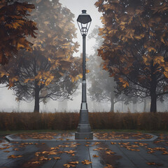 A solitary lamppost stands amidst a misty autumn park with fallen leaves