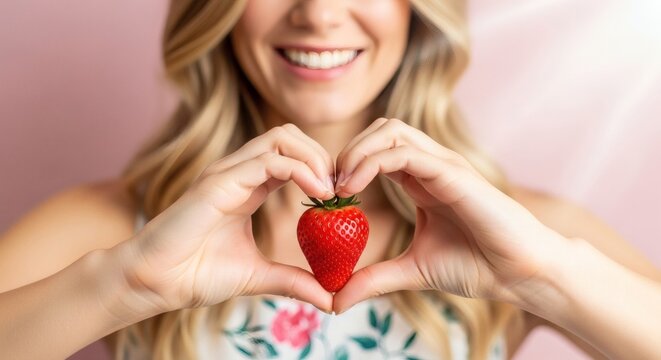 Woman holding a strawberry in a heart shape, promoting health and happiness.