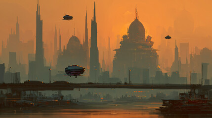 Futuristic Indian city skyline with eco-buildings and hover traffic, warm hues
