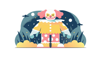 Flat vector illustration of creepy clown with pink hair and yellow costume on moonlit night, spooky Halloween and costume party concept