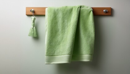 light green towel hanging on a wooden wall hook