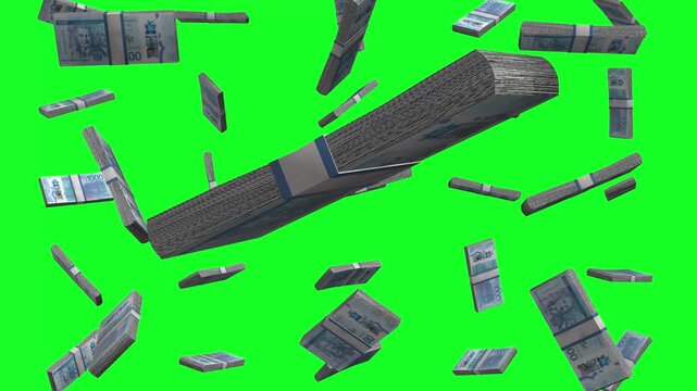 Stacks of Jamaican dollars floating on a bright green background
