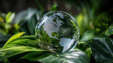 The crystal globe resting on vibrant green leaves in a tranquil setting.