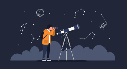 Boy Using Telescope To Explore Stars And Constellations In The Night Sky