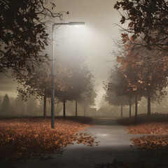 Misty autumn evening path illuminated by a single streetlight