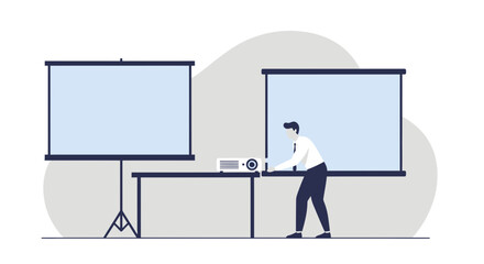 Business Presentation Setup With Projector And Screens By Professional Man