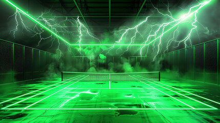 Dynamic neon green tennis court with dramatic lightning strikes and fog creates an electrifying atmosphere for intense sports action